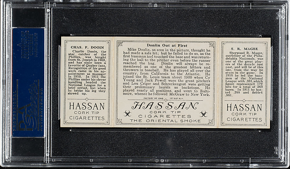 1912 T202 Hassan Triple Folder "Donlin Out at First" Dooin/Magee PSA EX-MT 6