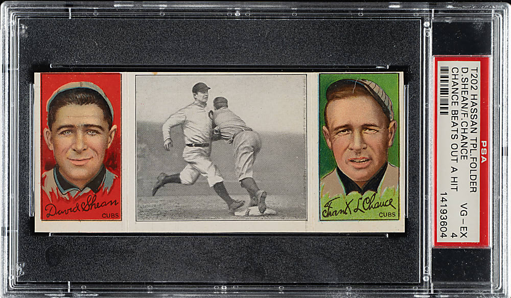 1912 T202 Hassan Triple Folder "Chance Beats Out a Hit" Frank Chance/Shean PSA VG-EX 4