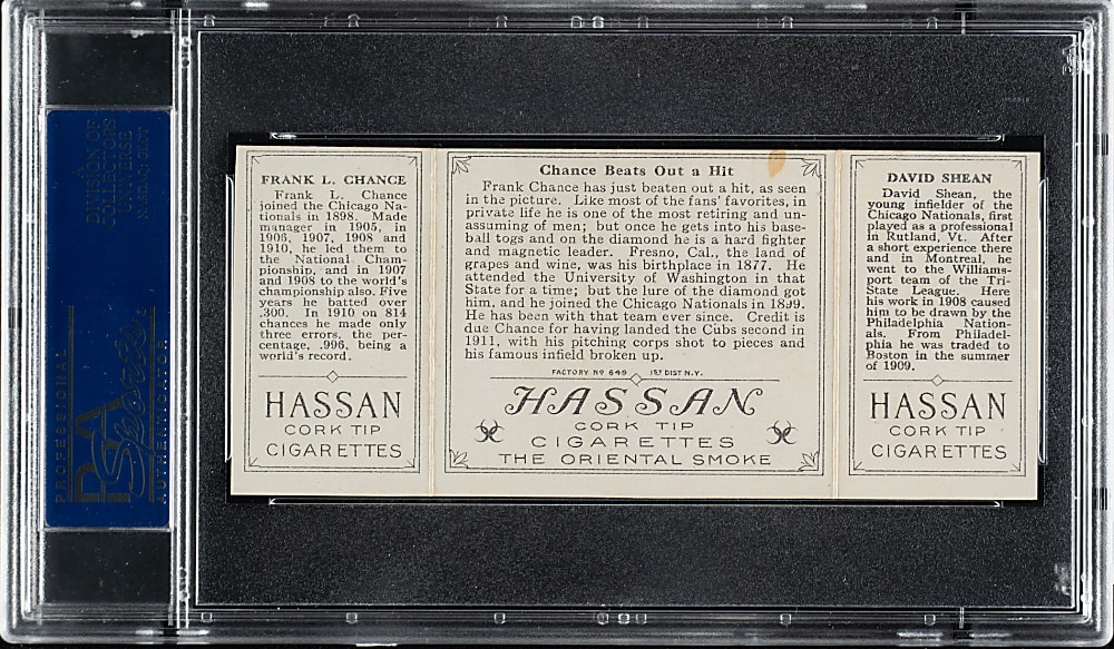 1912 T202 Hassan Triple Folder "Chance Beats Out a Hit" Frank Chance/Shean PSA VG-EX 4