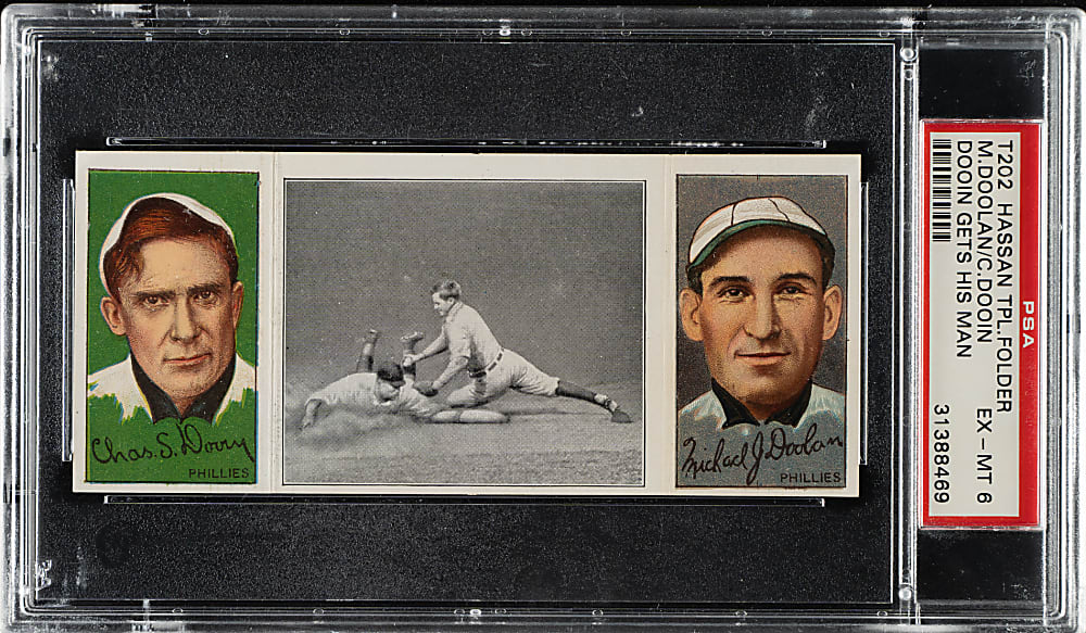 1912 T202 Hassan Triple Folder "Dooin Gets His Man" Dooin/Doolan PSA EX-MT 6