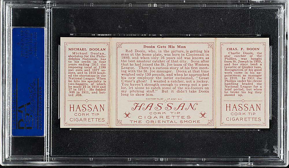 1912 T202 Hassan Triple Folder "Dooin Gets His Man" Dooin/Doolan PSA EX-MT 6