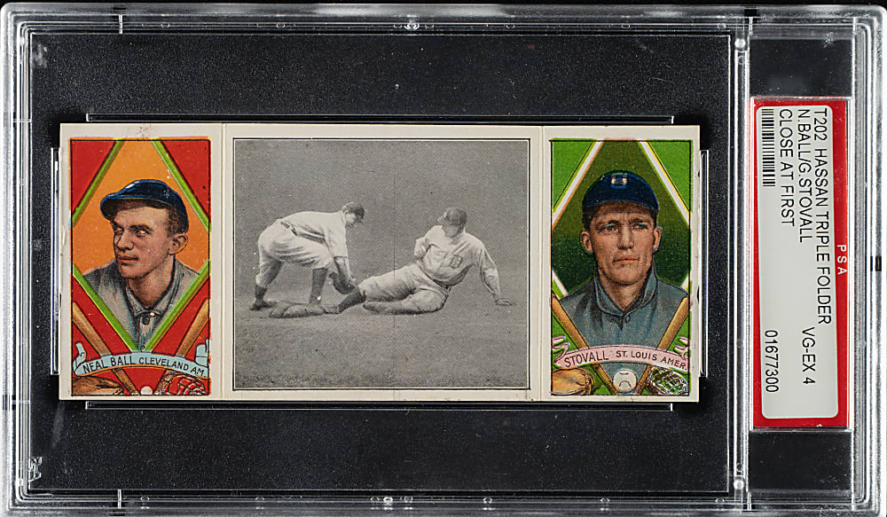 1912 T202 Hassan Triple Folder "Close at First" Stovall/Ball PSA VG-EX 4