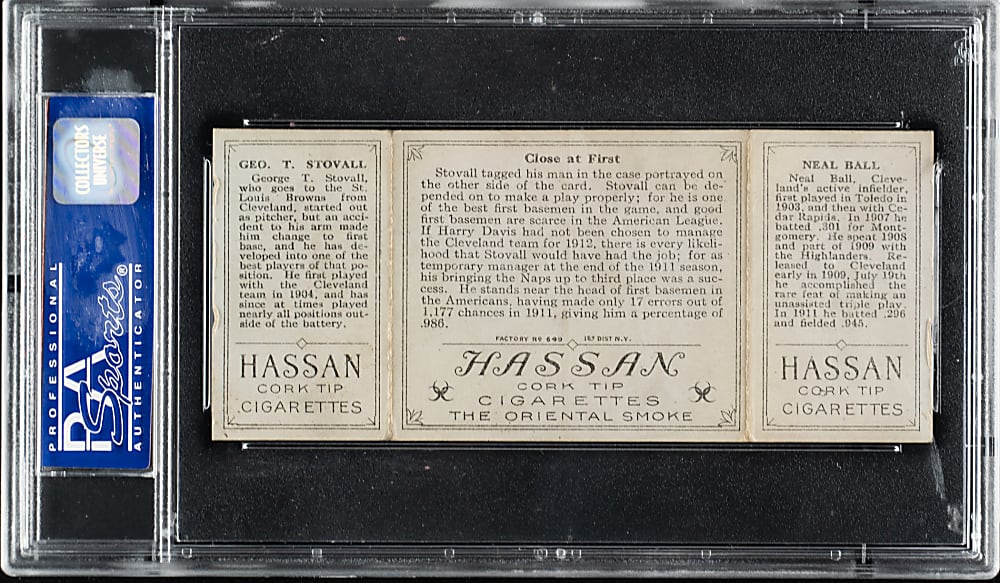 1912 T202 Hassan Triple Folder "Close at First" Stovall/Ball PSA VG-EX 4