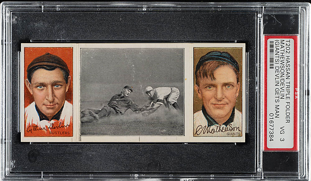 1912 T202 Hassan Triple Folder "Devlin Gets His Man" Christy Mathewson/Devlin (Giants) PSA VG 3
