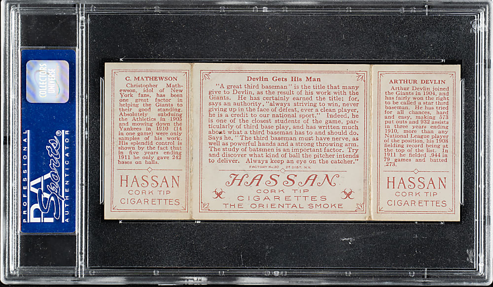 1912 T202 Hassan Triple Folder "Devlin Gets His Man" Christy Mathewson/Devlin (Giants) PSA VG 3