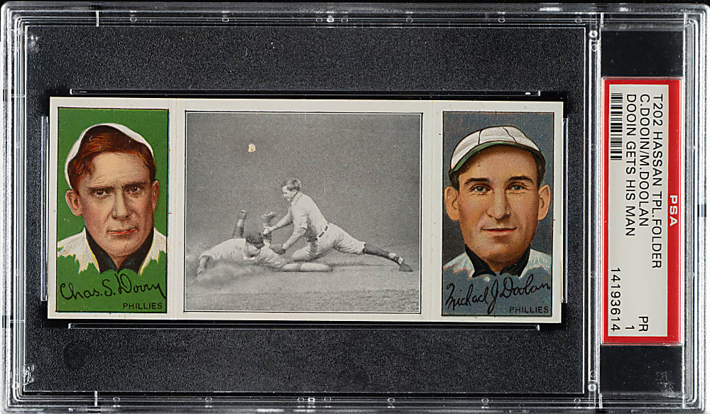 1912 T202 Hassan Triple Folder "Dooin Gets His Man" Dooin/Doolan PSA POOR 1