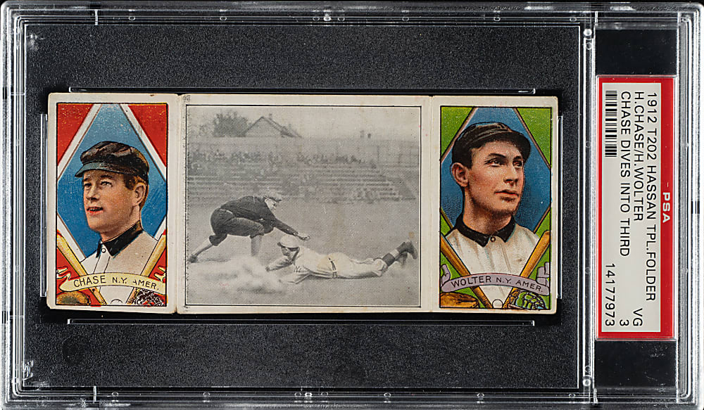 1912 T202 Hassan Triple Folders "Chase Dives Into Third" Wolter/Chase PSA VG 3