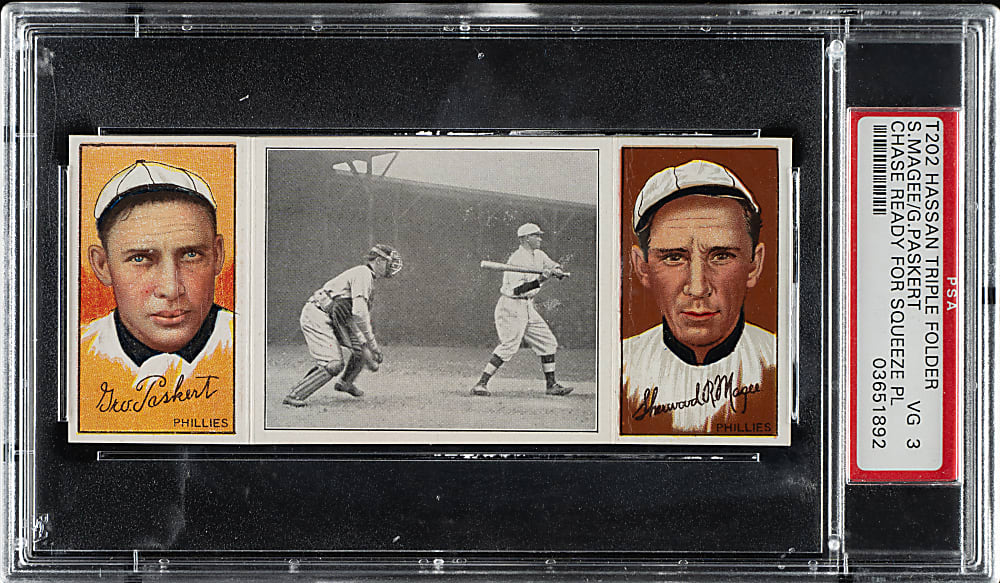 1912 T202 Hassan Triple Folder "Chase Ready For Squeeze" Magee/Paskert PSA VG 3