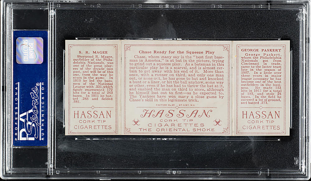 1912 T202 Hassan Triple Folder "Chase Ready For Squeeze" Magee/Paskert PSA VG 3