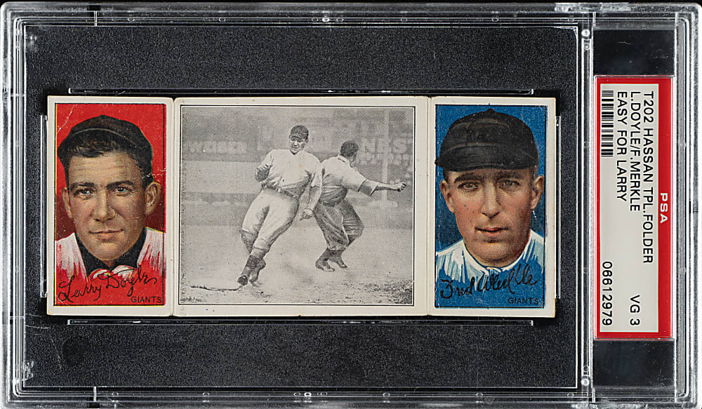 1912 T202 Hassan Triple Folder "Easy For Larry" Doyle/Merkle PSA VG 3