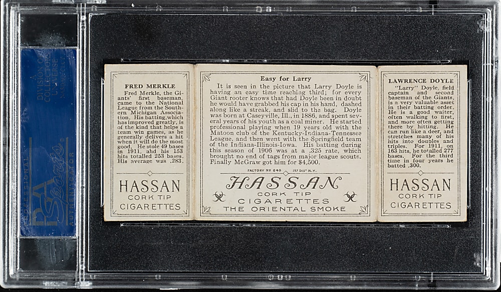 1912 T202 Hassan Triple Folder "Easy For Larry" Doyle/Merkle PSA VG 3