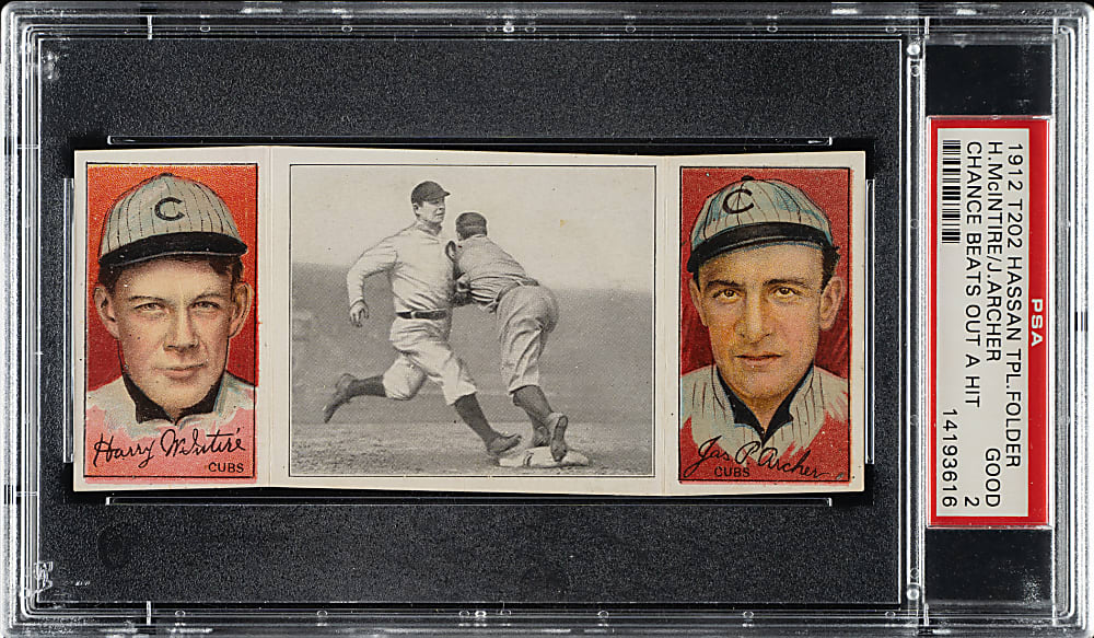 1912 T202 Hassan Triple Folder "Chance Beats Out A Hit" McIntyre/Archer PSA GOOD 2