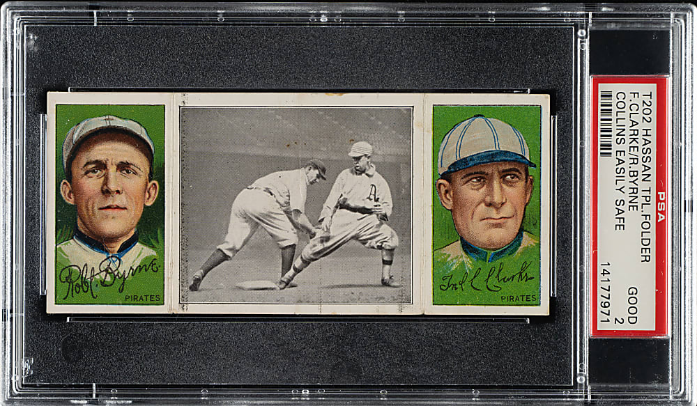 1912 T202 Hassan Triple Folder "Collins Easily Safe" Byrne/Fred Clarke PSA GOOD 2