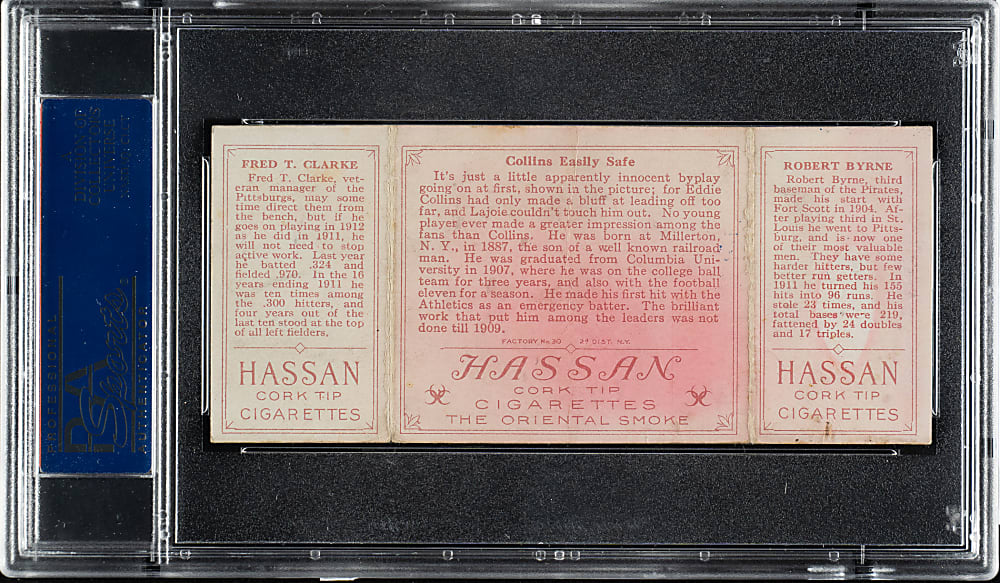 1912 T202 Hassan Triple Folder "Collins Easily Safe" Byrne/Fred Clarke PSA GOOD 2