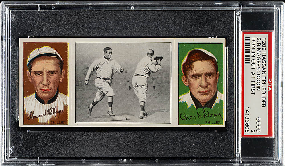 1912 T202 Hassan Triple Folder "Donlin Out at First" Dooin/Magee PSA GOOD 2
