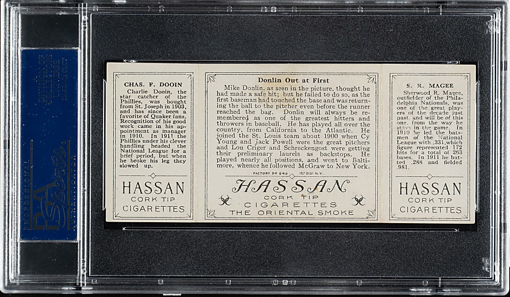 1912 T202 Hassan Triple Folder "Donlin Out at First" Dooin/Magee PSA GOOD 2