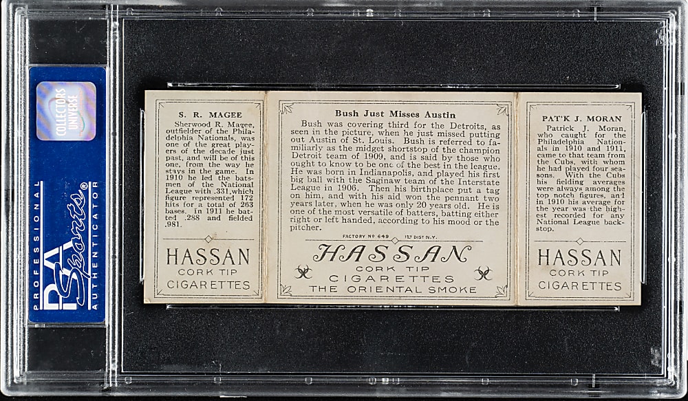 1912 T202 Hassan Triple Folder "Bush Just Misses Austin" Moran/Magee PSA EX-MT 6