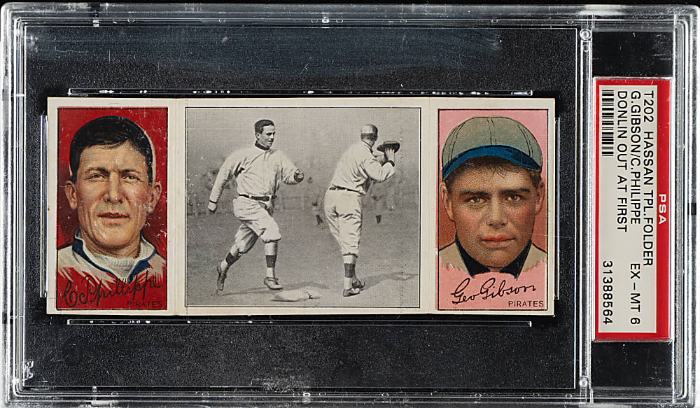 1912 T202 Hassan Triple Folder "Donlin Out At First" Phillippe/Gibson PSA EX-MT 6