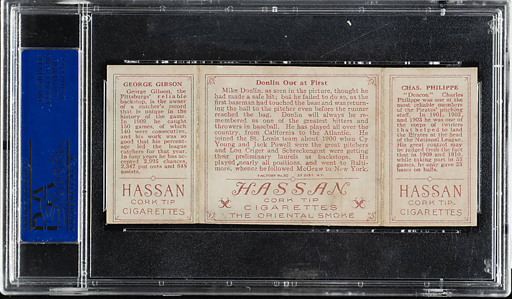1912 T202 Hassan Triple Folder "Donlin Out At First" Phillippe/Gibson PSA EX-MT 6