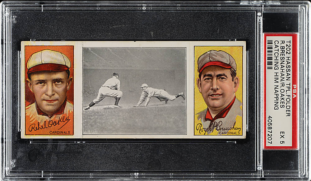 1912 T202 Hassan Triple Folder "Catching Him Napping" Oakes/Roger Bresnahan PSA EX 5