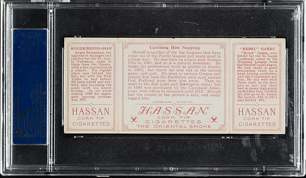 1912 T202 Hassan Triple Folder "Catching Him Napping" Oakes/Roger Bresnahan PSA EX 5