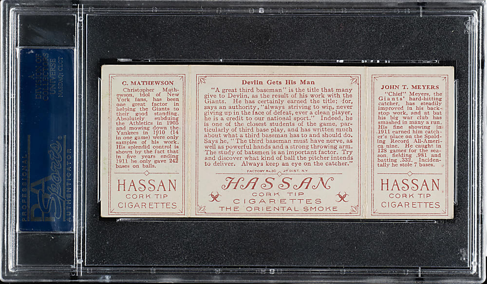1912 T202 Hassan Triple Folder "Devlin Gets His Man" Christy Mathewson/Meyers PSA EX 5