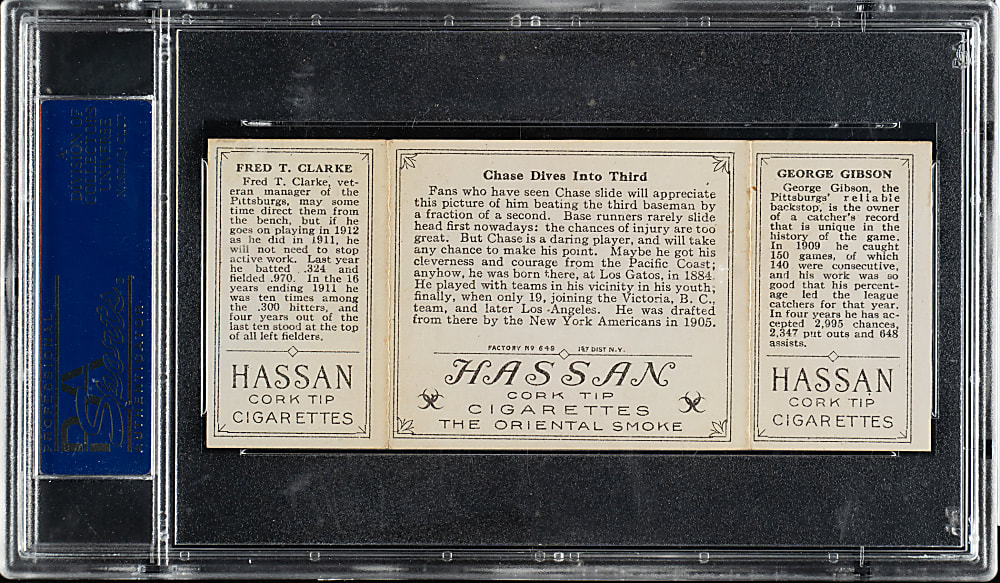 1912 T202 Hassan Triple Folder "Chase Dives Into Third" Fred Clarke/Gibson PSA EX 5