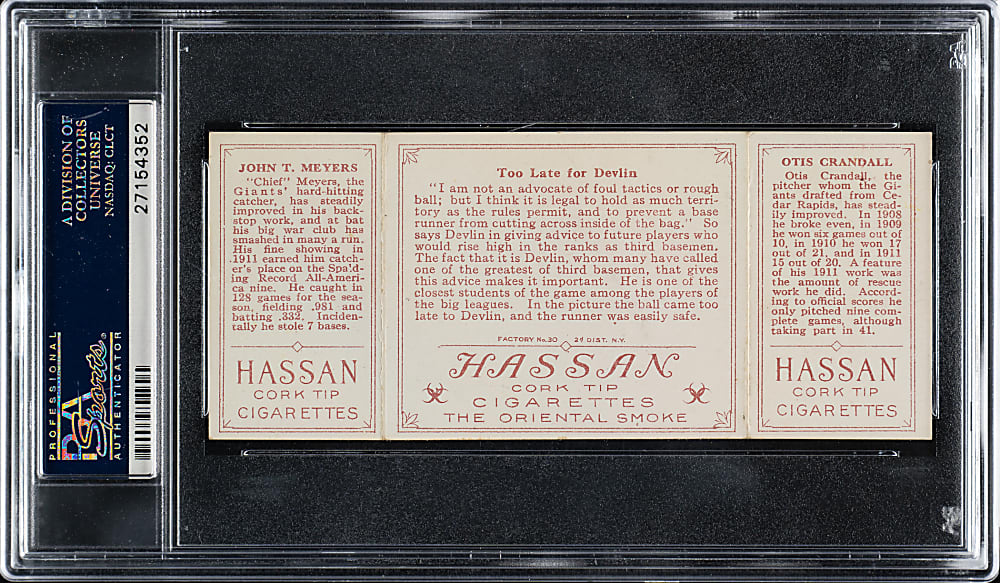 1912 T202 Hassan Triple Folder "Too Late For Devlin" Crandall/Meyers PSA EX 5