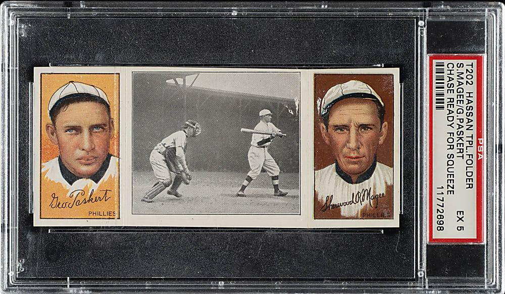 1912 T202 Hassan Triple Folder "Chase Ready For Squeeze" Magee/Paskert PSA EX 5