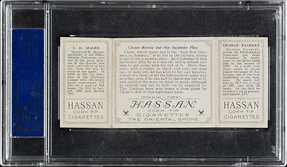 1912 T202 Hassan Triple Folder "Chase Ready For Squeeze" Magee/Paskert PSA EX 5