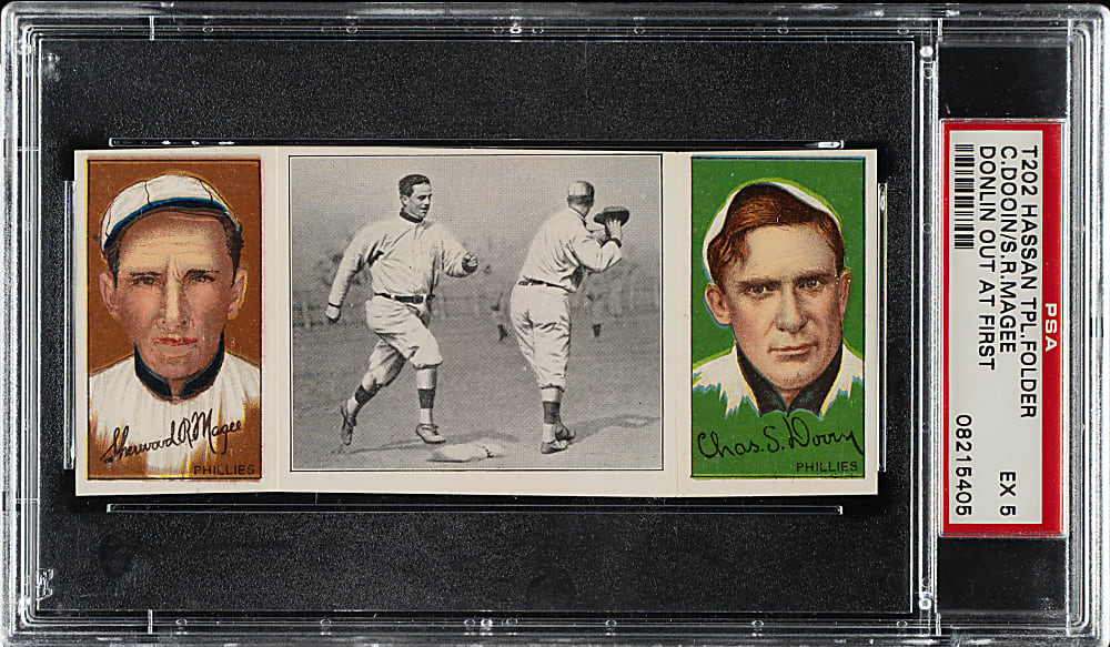 1912 T202 Hassan Triple Folder "Donlin Out at First" Dooin/Magee PSA EX 5