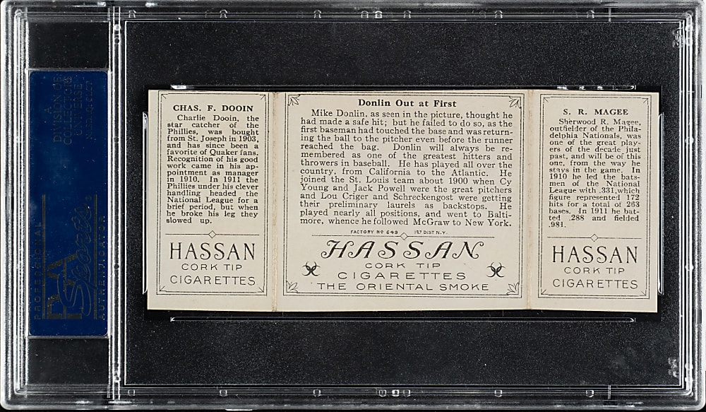 1912 T202 Hassan Triple Folder "Donlin Out at First" Dooin/Magee PSA EX 5