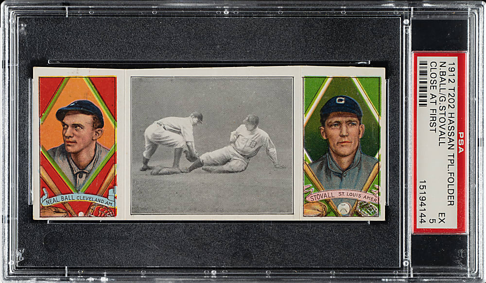1912 T202 Hassan Triple Folder "Close at First" Stovall/Ball PSA EX 5