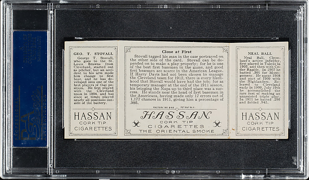 1912 T202 Hassan Triple Folder "Close at First" Stovall/Ball PSA EX 5