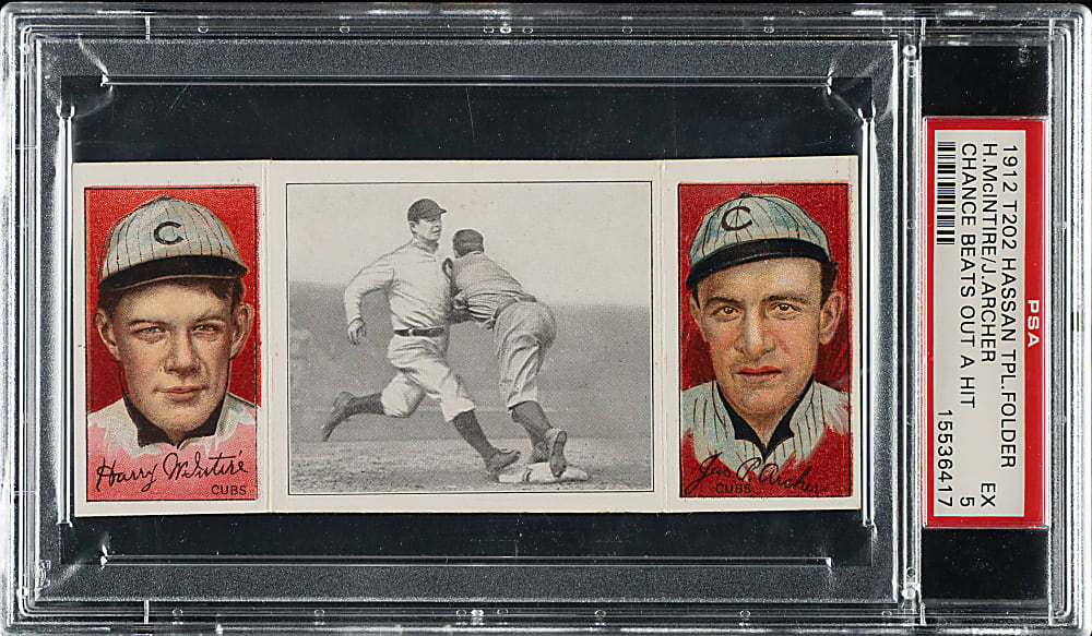 1912 T202 Hassan Triple Folder "Chance Beats Out A Hit" McIntyre/Archer PSA EX 5