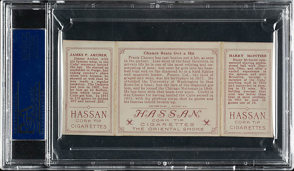 1912 T202 Hassan Triple Folder "Chance Beats Out A Hit" McIntyre/Archer PSA EX 5