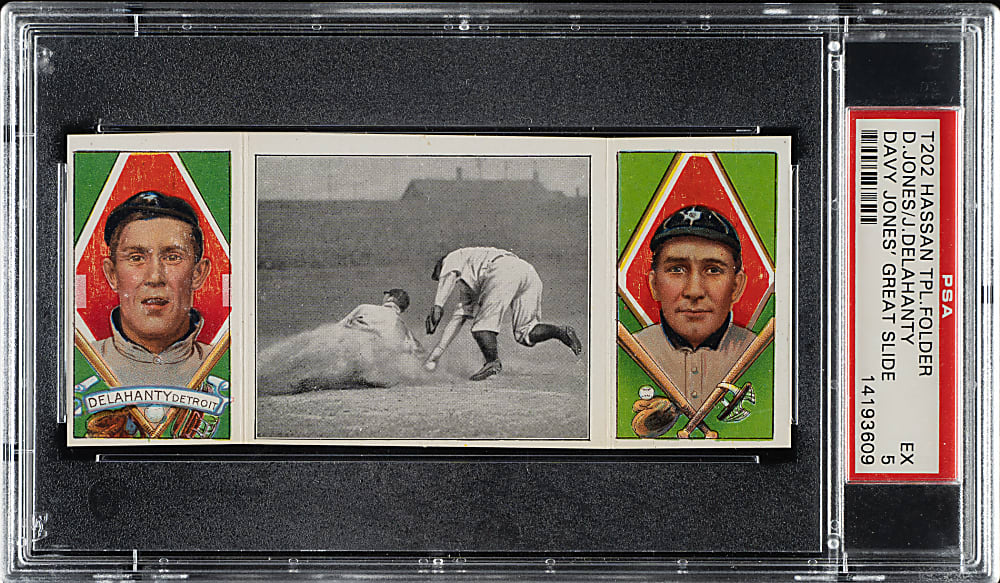 1912 T202 Hassan Triple Folder "Davy Jones' Great Slide" Jones/Delahanty PSA EX 5