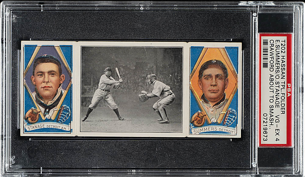 1912 T202 Hassan Triple Folder "Crawford About to Smash One" Summers/Stanage PSA VG-EX 4