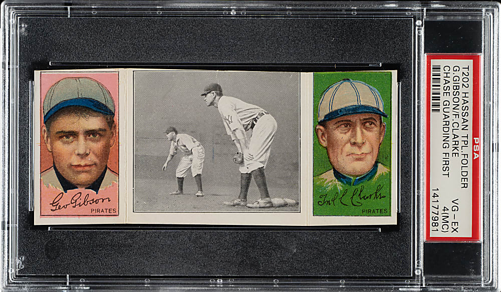 1912 T202 Hassan Triple Folder "Chase Guarding First" Fred Clarke/Gibson PSA VG-EX 4 (MC)