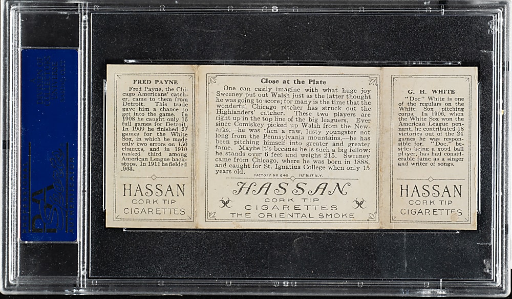 1912 T202 Hassan Triple Folder "Close At The Plate" White/Payne PSA VG-EX 4