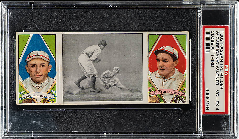 1912 T202 Hassan Triple Folder "Close At Third" Carrigan/Wagner PSA VG-EX 4