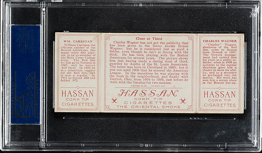 1912 T202 Hassan Triple Folder "Close At Third" Carrigan/Wagner PSA VG-EX 4