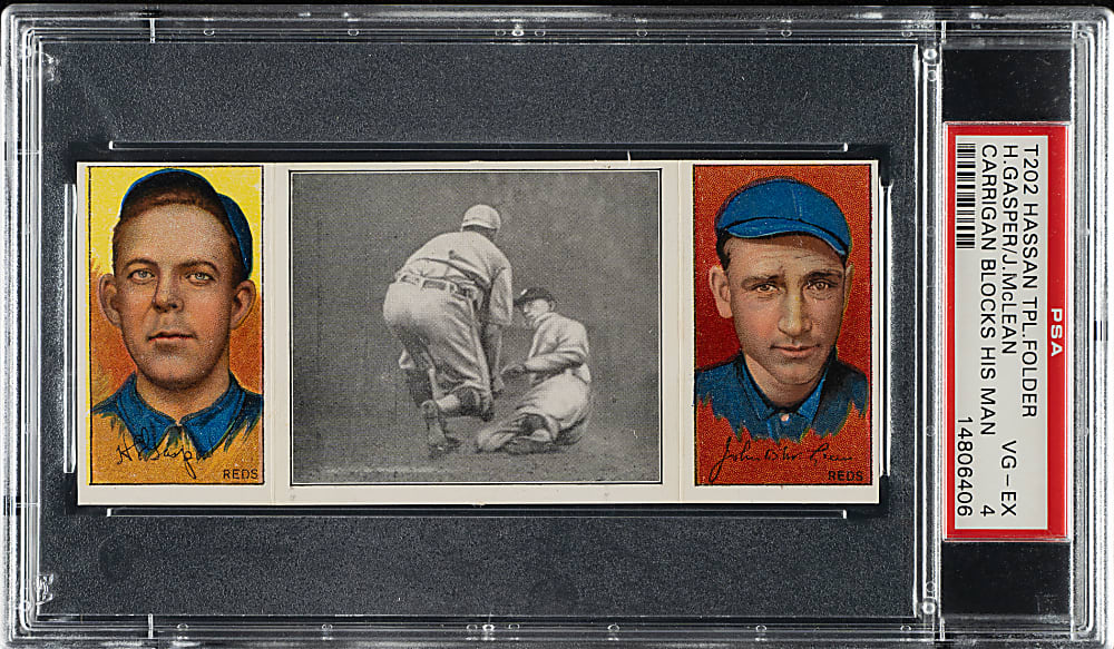 1912 T202 Hassan Triple Folder "Carrigan Blocks His Man" Gasper/McLean PSA VG-EX 4