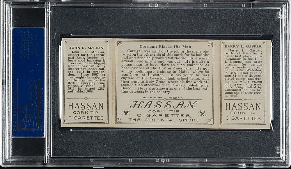 1912 T202 Hassan Triple Folder "Carrigan Blocks His Man" Gasper/McLean PSA VG-EX 4