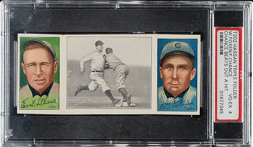 1912 T202 Hassan Triple Folder "Chance Beats Out a Hit" Frank Chance/Foxen PSA VG-EX 4