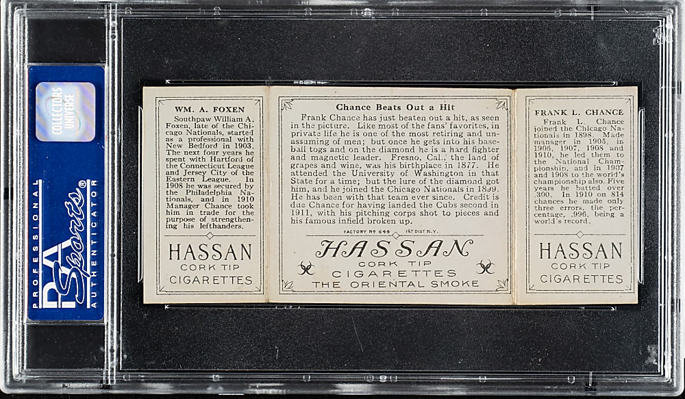 1912 T202 Hassan Triple Folder "Chance Beats Out a Hit" Frank Chance/Foxen PSA VG-EX 4