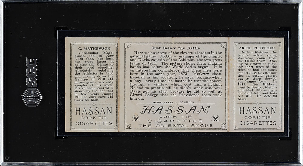 1912 T202 Hassan Triple Folder "Just Before The Battle" Christy Mathewson/Fletcher SGC POOR 1