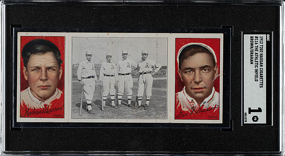 1912 T202 Hassan Triple Folders "The Athletic Infield" Mordecai Brown/Graham SGC POOR 1