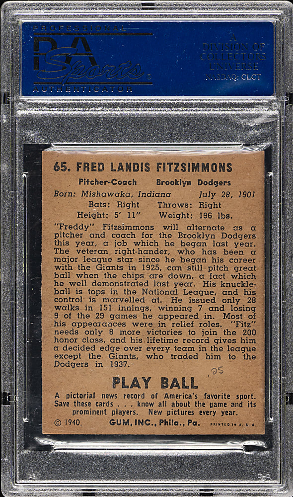 Signed 1940 R335 Play Ball #65 Fitz Fitzsimmons - PSA/DNA