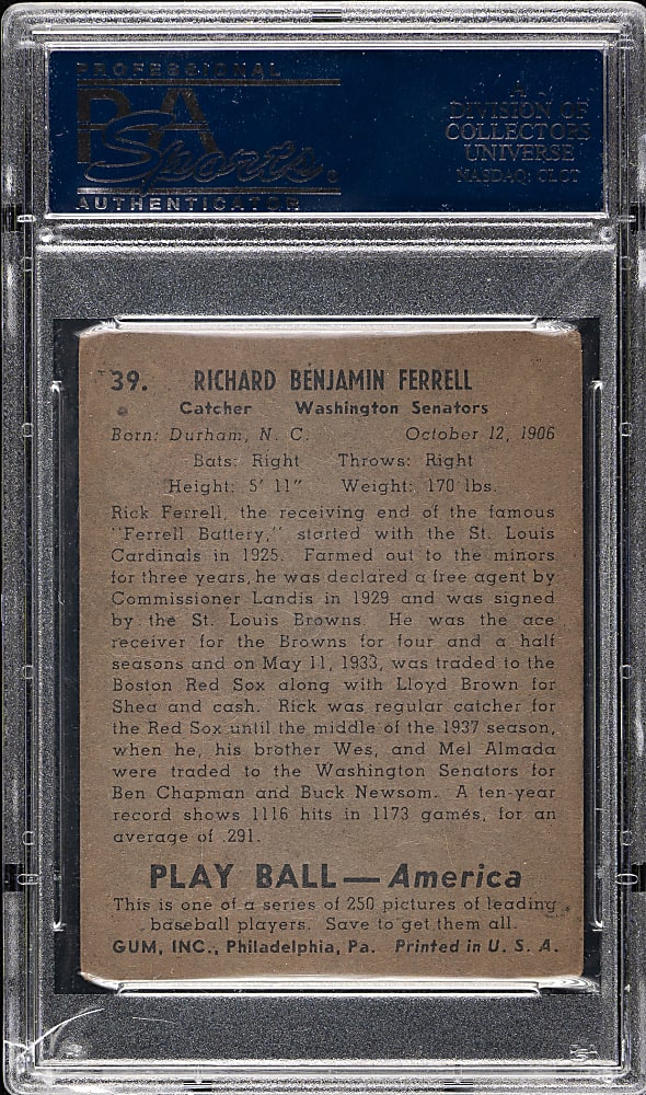 Signed 1939 R334 Play Ball #39 Rick Ferrell PSA VG 3